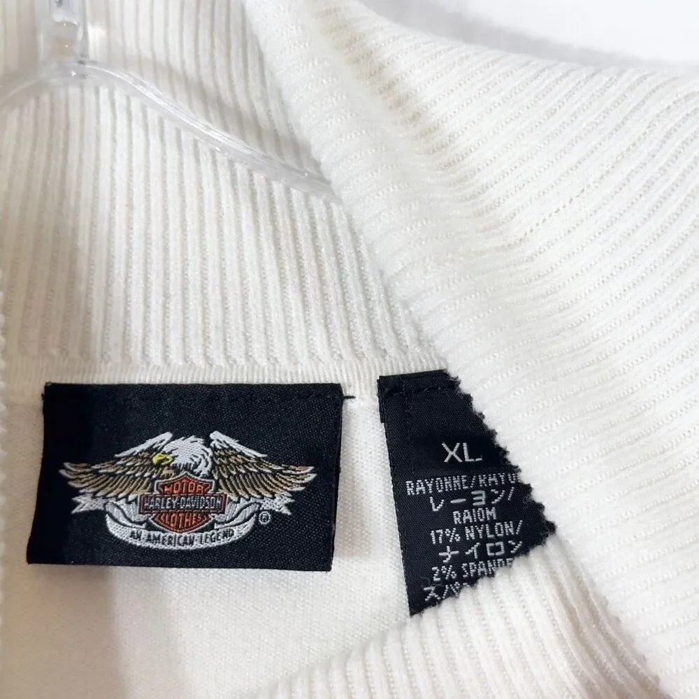 Harley Davidson XL Sweater‎ Y2K VTG Spell Out Sleeves Ribbed White Knit 1102
